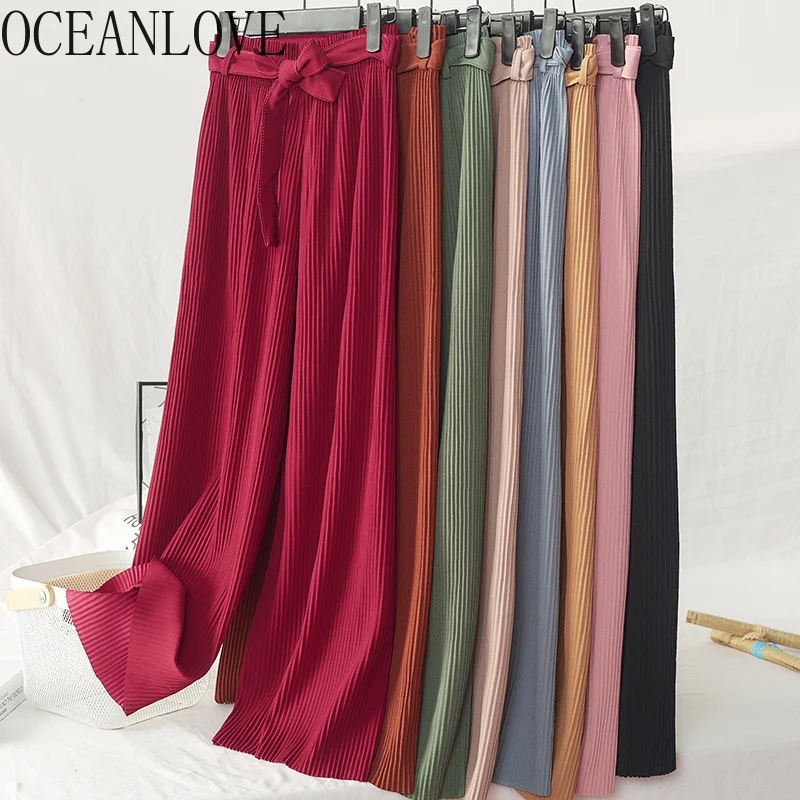 

OCEANLOVE Wide Leg Pants Bow Solid 2019 Autumn Stretch High Waist Trousers Fashion Pleated Lace Up Thin Ankle Length Pant 12808