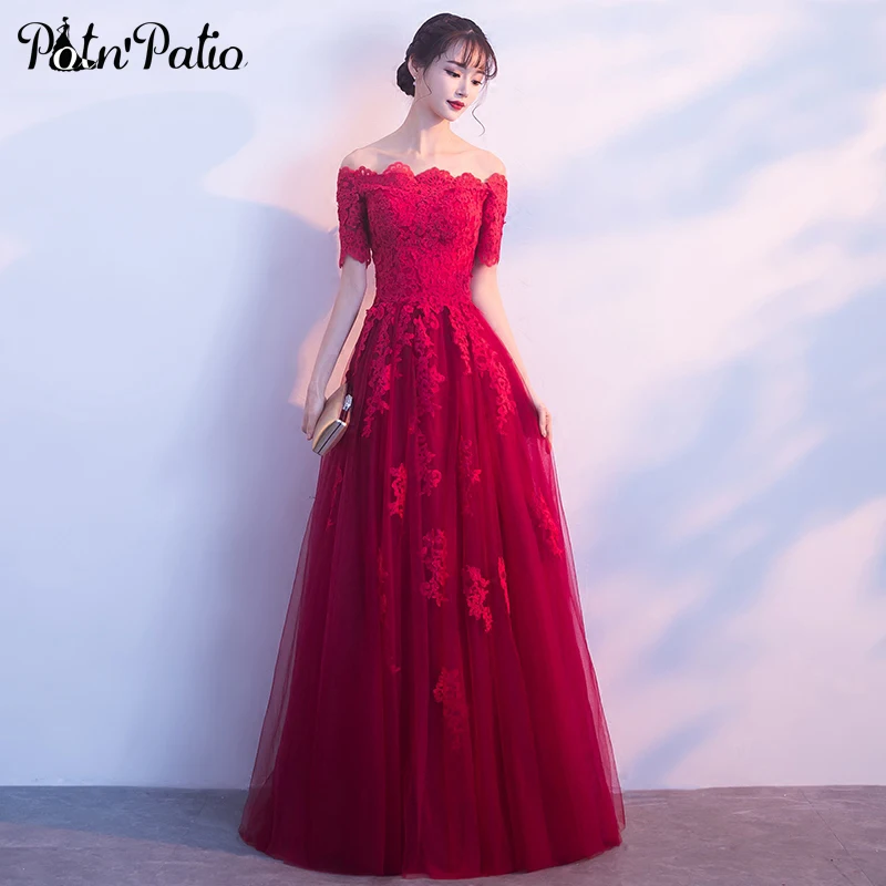 

Luxury Appliques Tulle Wine Red Prom Dresses Long 2019 Elegant Off The Shoulder Floor-length Women Formal Gowns With Sleeves