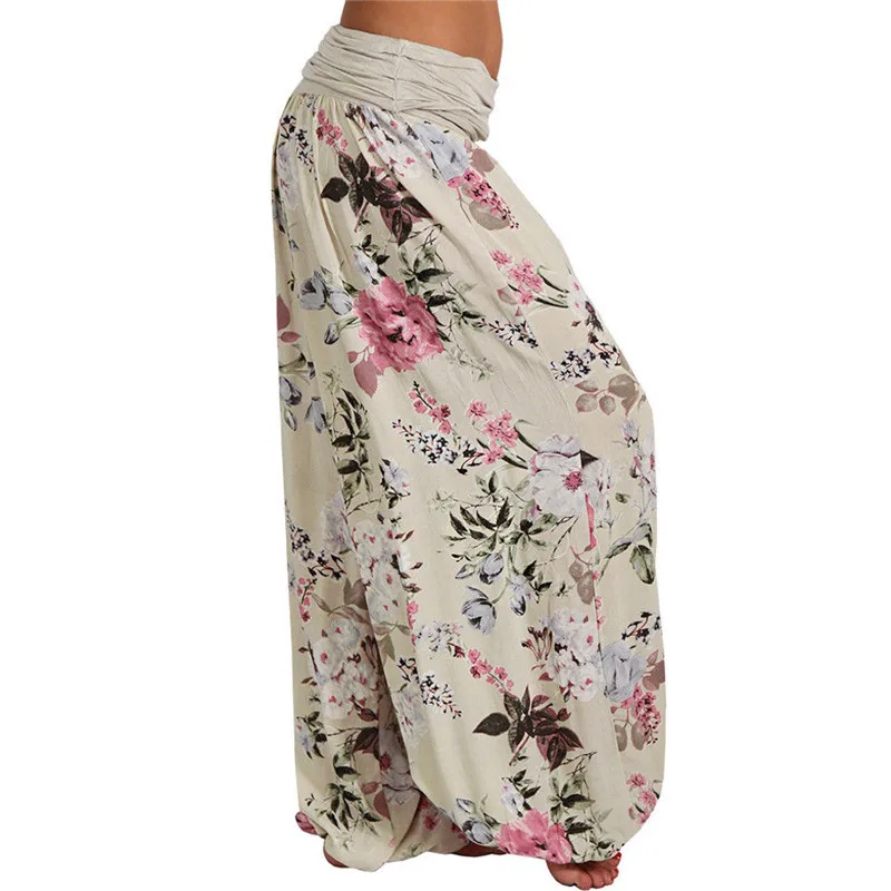 Женские богемные длинные штаны с цветочным принтом,, средняя талия, винтажные штаны-шаровары, эластичная талия, Boho, пляжные брюки размера плюс, 5XL#40