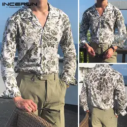 INCERUN Мужская модная рубашка с принтом тонкая Осенняя рубашка с длинными рукавами и отворотом 2019 тонкая новая рубашка с цветочным принтом