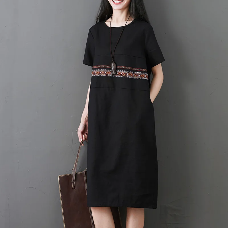 

2019 Photo Shoot Summer Wear New Style Cotton Linen Joint Loose And Plus-sized Ethnic-Style Ribbon Dress Flax nv zhuang qun