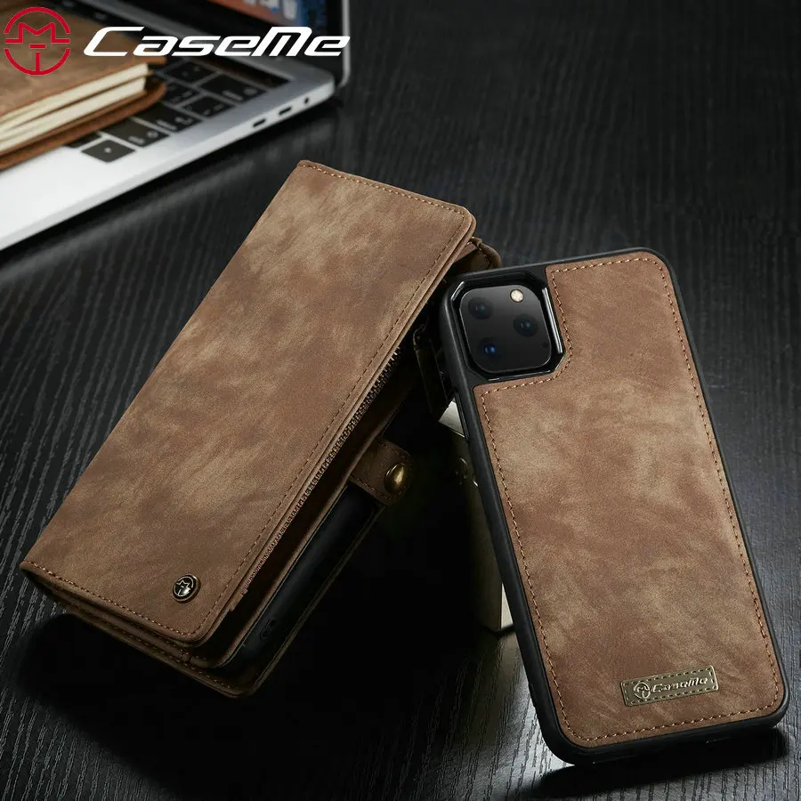 

CaseMe Zipper Coques For iPhone 11 Pro Max Wallet Case 2 in 1 Detachable Genuine Leather Magnetic Flip Cover Case For iPhone 11