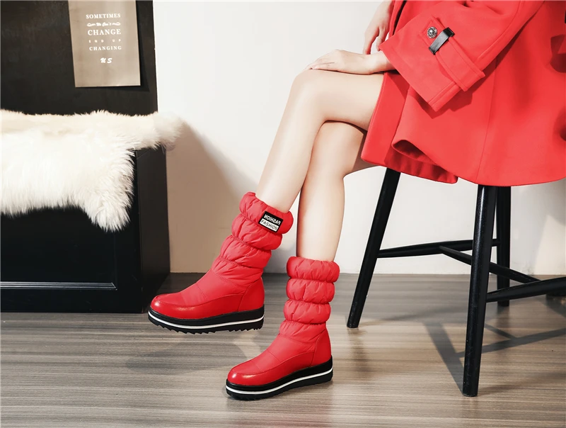 Moipheng/зимние ботинки; большие размеры 35-44; женская теплая плюшевая обувь до середины икры; водонепроницаемые ботинки; ботинки на меху на платформе; Красный эластичный рукав