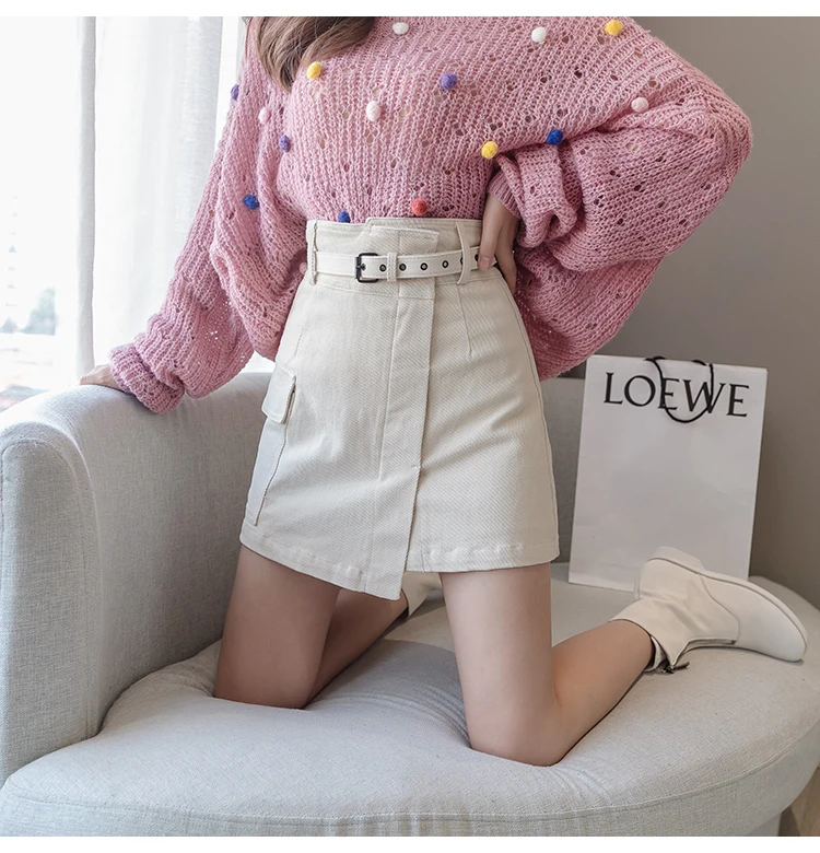 Trytree Autumn Women Casual Empire Short Skirt 5 Colour A-line Fashion Elegant Pockets Button Belt Mini Office Lady Short Skirt