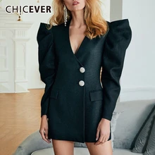 CHICEVER винтажное черное платье-блейзер для женщин с v-образным вырезом и пышными рукавами, с высокой талией, мини-платья, женские осенние модные новинки года