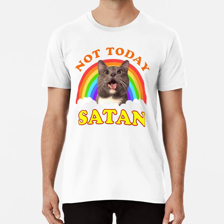 Not Today Satan! -Roger The Cat Death Metal Rainbow Smiles футболка Satan Devil Lucifer Jesus Meme Hero Gray | Мужская одежда