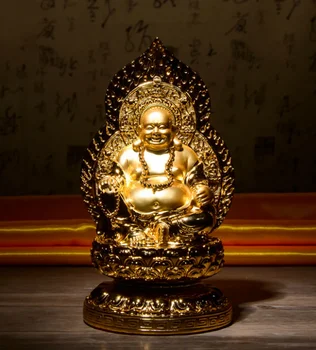 

11.8" Chinese Resin Gild Buddhism Happy Laugh Maitreya Buddha Ornament Statue