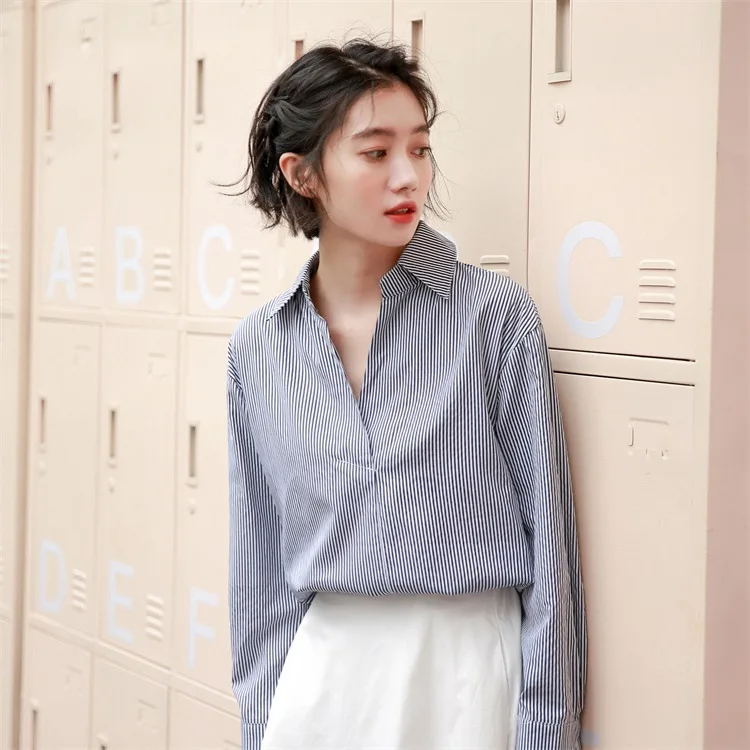 

2019 Autumn Clothing New Style Korean-style Literature And Art Stripes Printed Long-sleeved Shirt Fat Mm Slimming Comfortable Fo