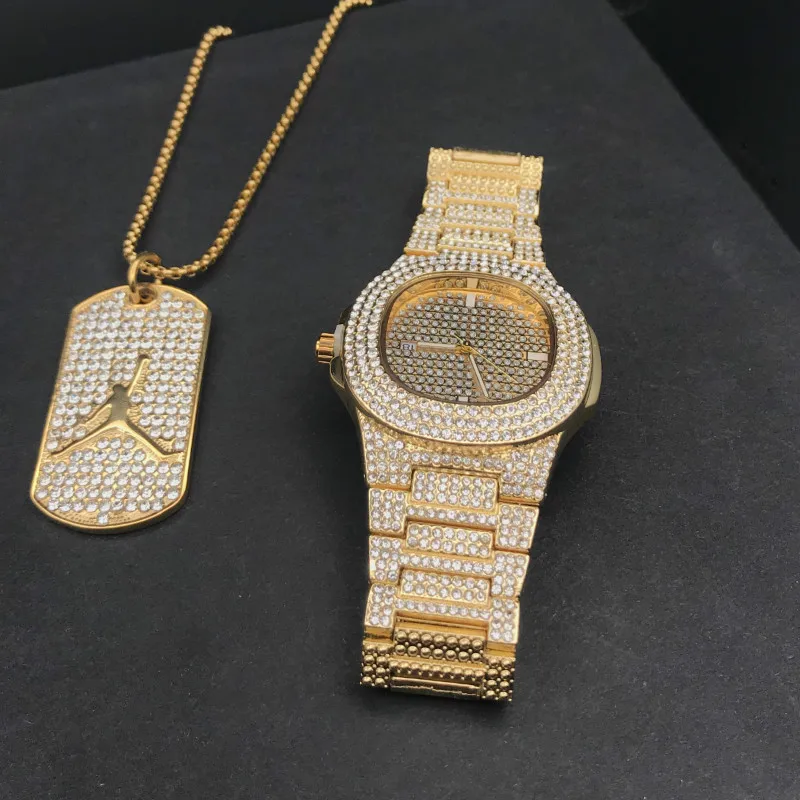 Ceny Luksusowy złoty hip hop biżuteria stylowy zegarek i naszyjnik Combo zestaw zegarek mężczyźni hip hop kubański łańcuch naszyjnik Ice Out zegarek dla mężczyzn