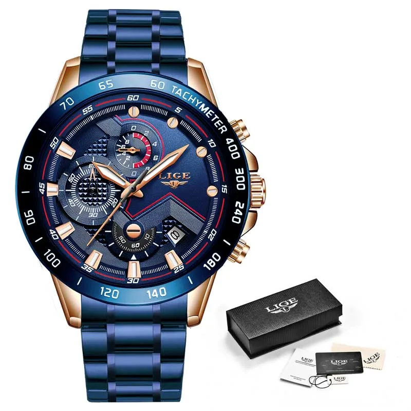 LIGE Новая мода мужские s часы синий из нержавеющей стали топ бренд класса люкс Спортивный Хронограф Кварцевые часы мужские Relogio Masculino - Цвет: Rose gold All blue