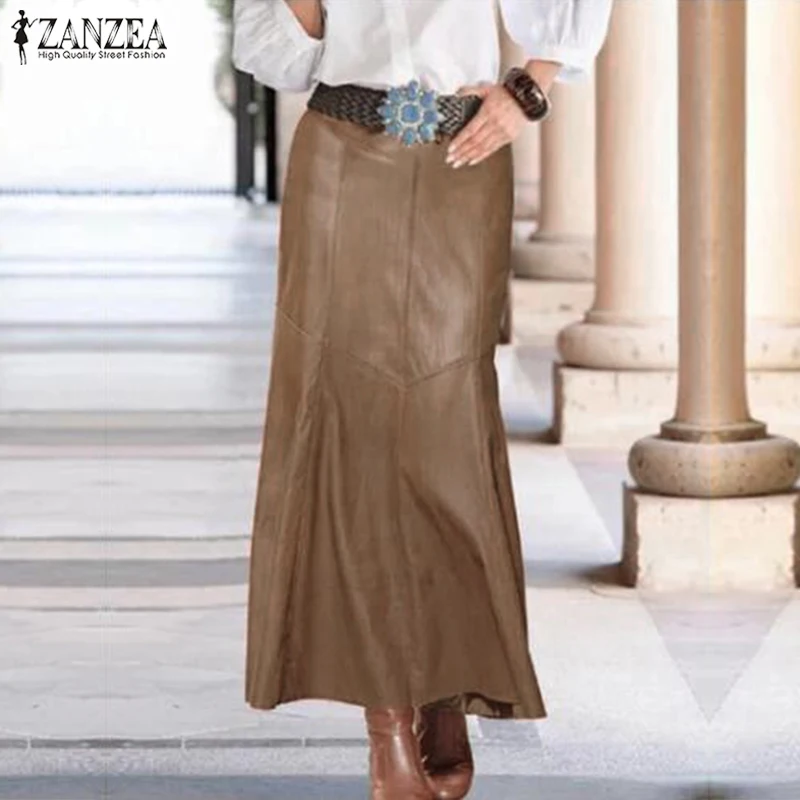 

ZANZEA Fashion PU Leather Skirts Women Autumn Vestidos Casual High Waist Maxi Skirt Female Solid OL Robe Casual Faldas Saia