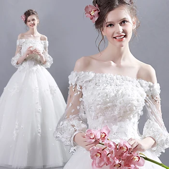 

Robe de mariee Gorgeous White Bridal Gown 3D Fowers Applique Longs Sleeves lace Wedding dress vestidos de noivas Real photos