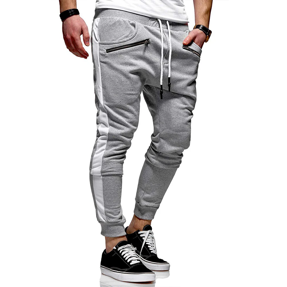 

Casual Sweatpants Men Joggers Gyms Fitness Long Pants Thin Spring Pocket Trousers Zipper Decoration Track Pants Light Gray D30