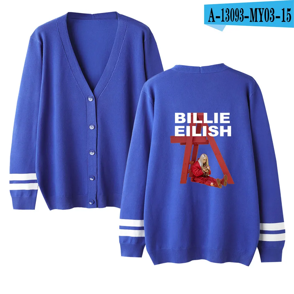 Billie Eilish женский/мужской осенний/Зимний женский вязаный кардиган размера плюс, пальто, Маленькая шаль, вязаная одежда в стиле хип-хоп, Billie Eilish, свитер - Цвет: blue