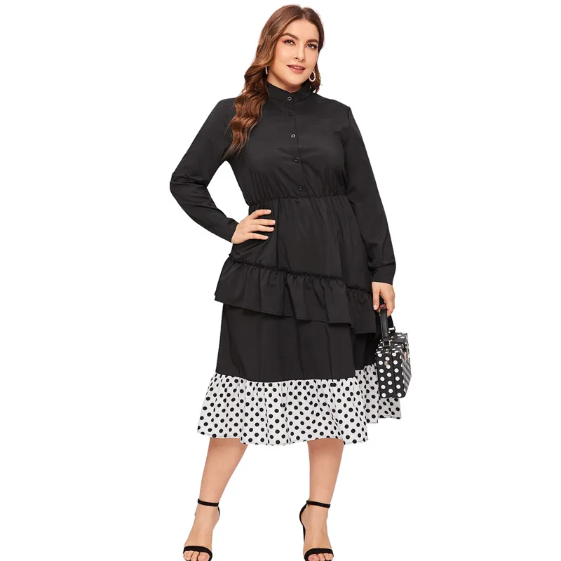 Осенне зимнее женское платье размера плюс стоячий воротник длинный рукав принт в