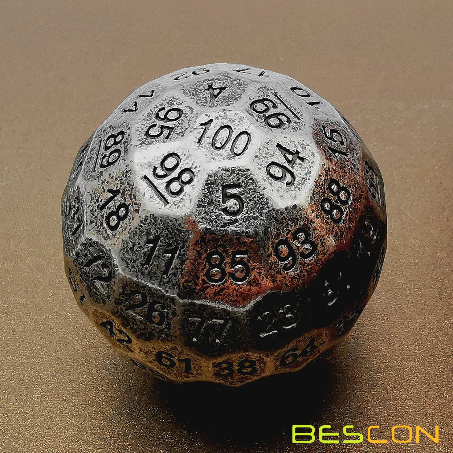 Bescon Solid Metal 100 Sided Dice, Game Dice D100,Giant Polyhedral Metal 100 Sides Dice 50MM in Diameter (1.97in),Ancient Silver 2