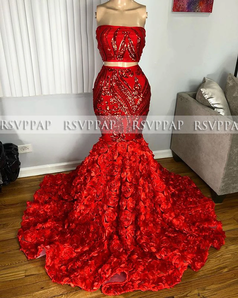 Long Red Prom Dresses 2020 Sexy Mermaid Style Two Piece Sequin African Black Girls Gala Dress | Свадьбы и торжества