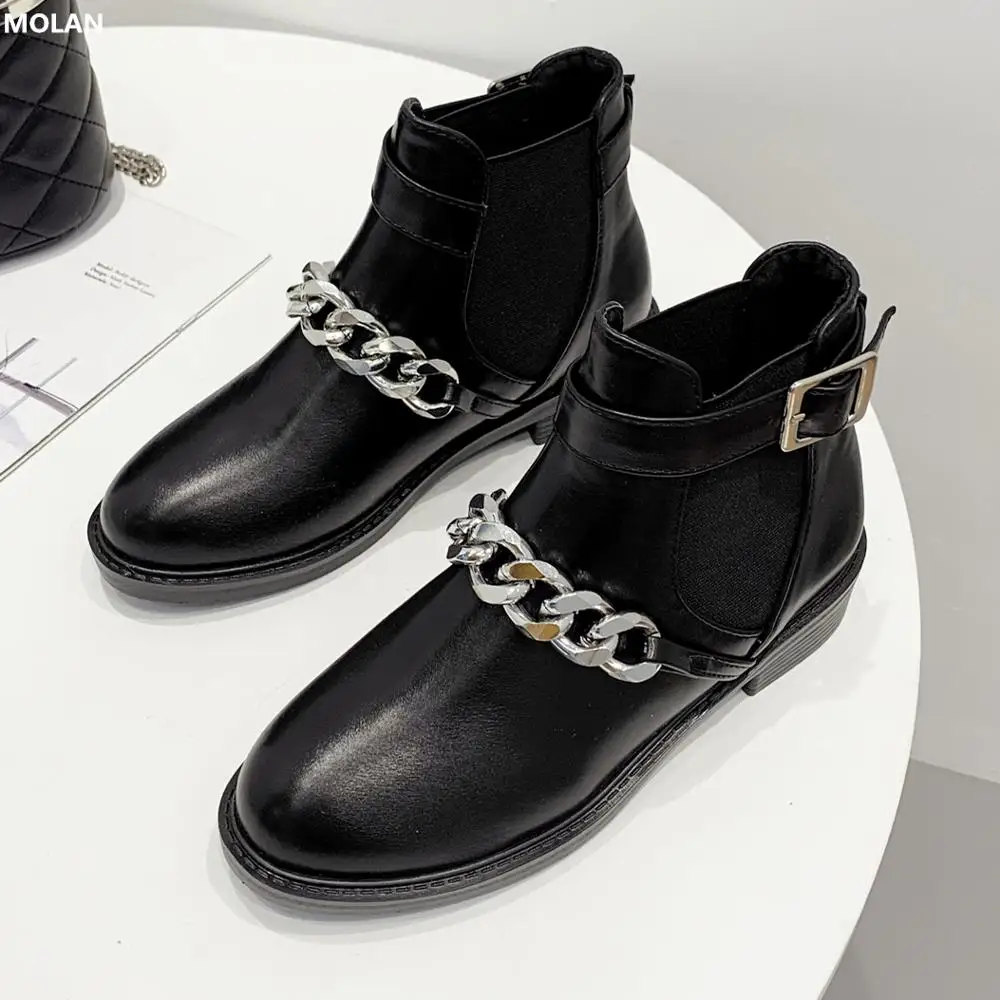 

MOLAN Brand Designer 2019 Winter New Luxury Metal Chain Black Leather Short Motorcycle Boots Platform 4cm Women Shoes Size 35-40