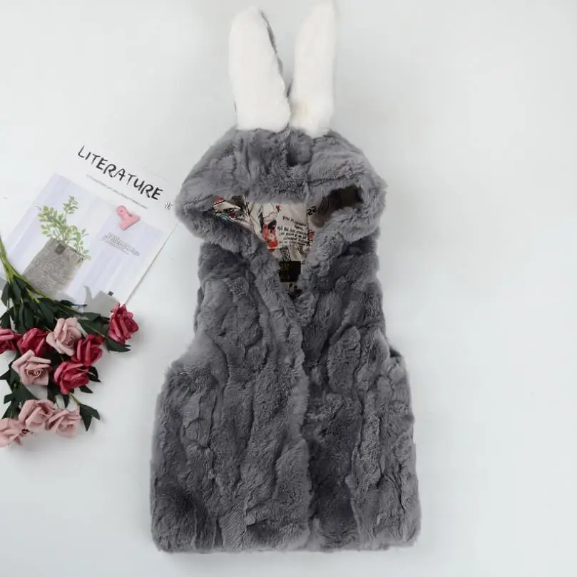 

New Fashion Winter Boy Girl Real Rabbit Fur Vest Warm Nature Rex Rabbit Fur Waistcoat Modis Kids clothes Hooded jacket Y1869