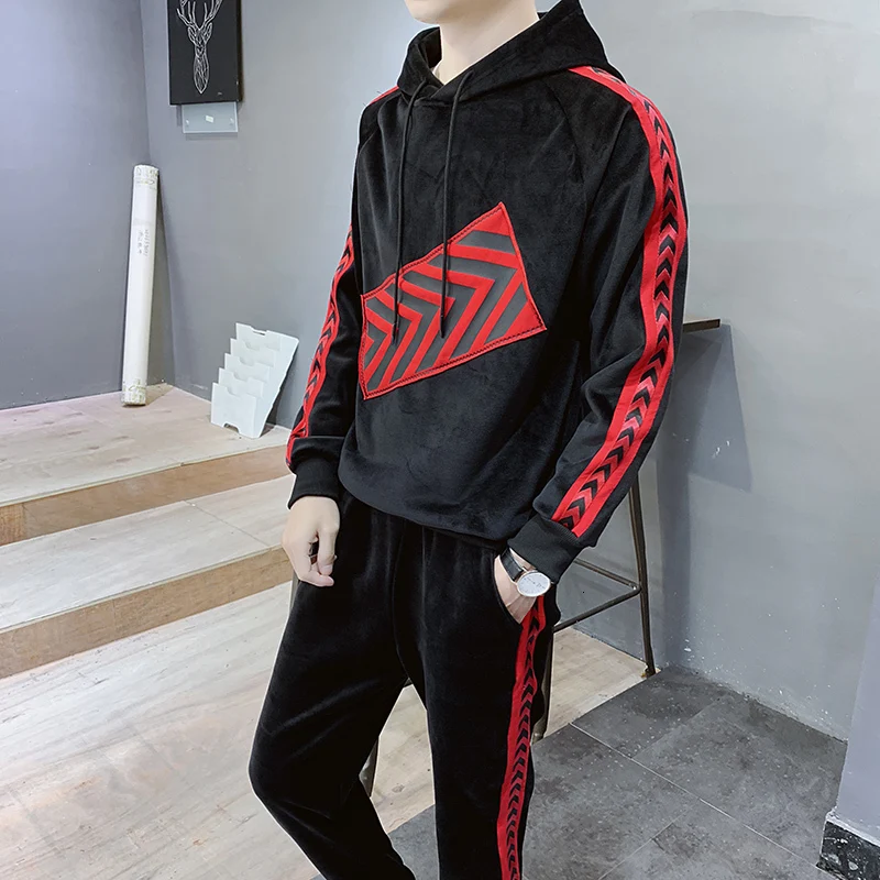 Moda Hombre 2019 Ropa комплект с толстовкой 2 предмета топ + штаны Мужская черная хлопковая