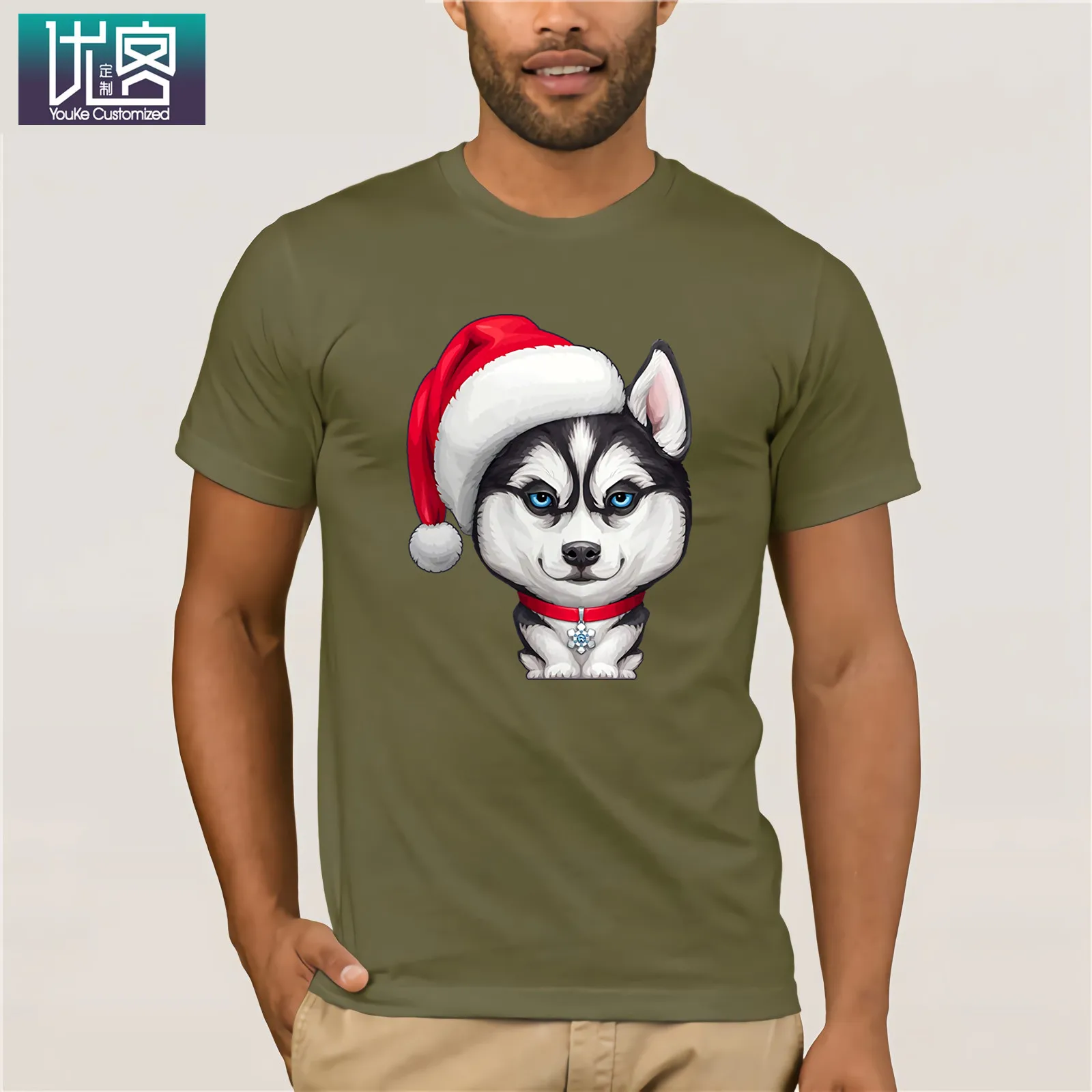 Siberian Husky Wearing A Santa Hat Рождественская футболка удивительные Уникальные повседневные топы с короткими рукавами винтажные с вырезом лодочкой
