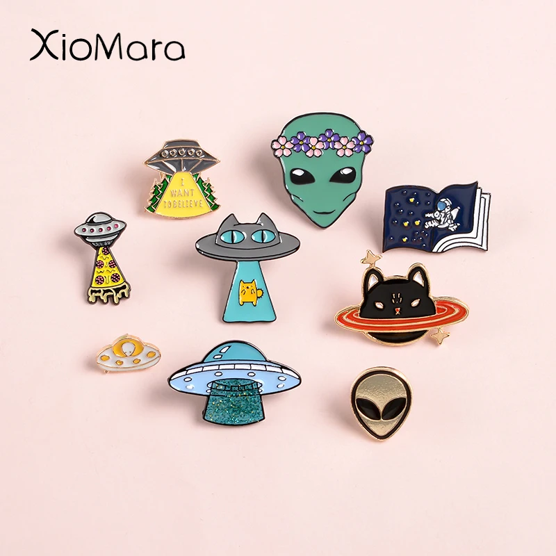 

Crazy Alien Enamel Pins Romantic Universe UFO Planet Aircraft Cosmic Space Airship Badges Metal Lapel Pins For Clothes Backpack