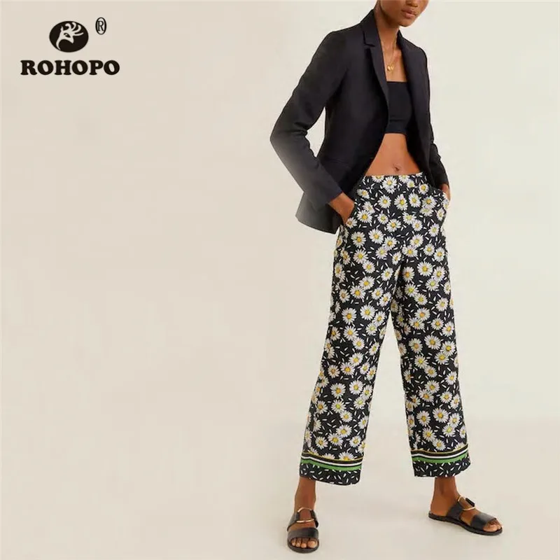 

ROHOPO White Daist Mid Waist Straight Black Pant Vintage Ladies Floral Soft Retro Full Length Bottoms #2274