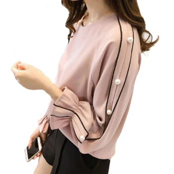 

2020 autumn Korean large size fashion women clothing long-sleeved chiffon blouse casual female beading chiffon women tops