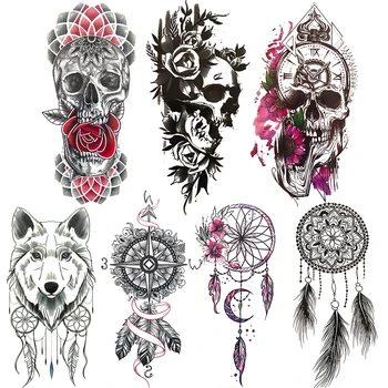 

Geometric Skeleton Temporary Tattoo For Women Girls Men Wolf Dreamcatcher Tattoos Sticker Feather Clock Death Skull Tatoo Chest
