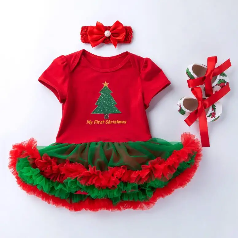 Infant Christmas Clothes 3pcs Sets Short Sleeves Baby Girls Clothes Newborn Rompers+Headband+Shoes New Year Gift Party Costumes - Цвет: Z471 short sleeves