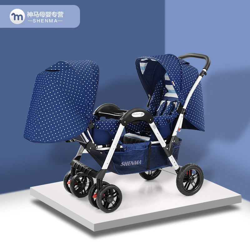 Парные Детские коляски, Можно присесть и сложить ребенка лицом к лицу на колесиках, двойная коляска с ударной складной коляской - Цвет: Dark Blue