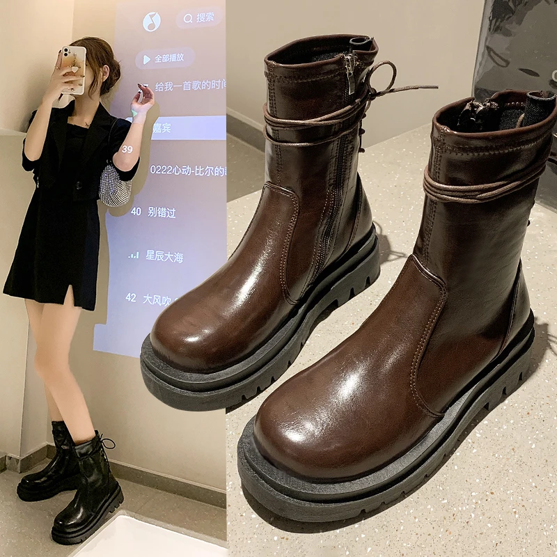 2022 Fashion New British Style Thick-soled short Boots Women's Wild Mid-tube Knight Boots Were Thin Short Boots Women