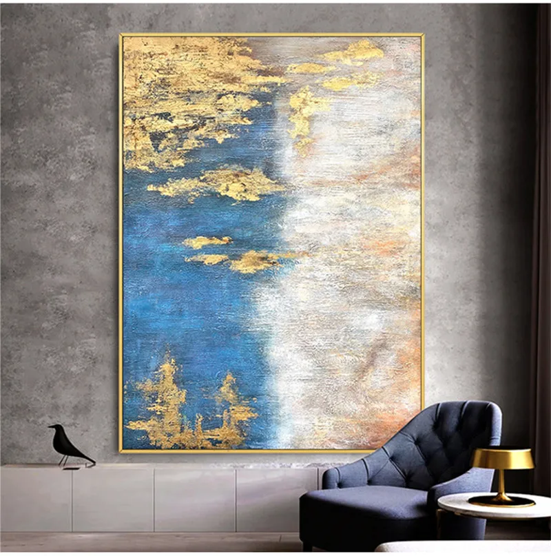 

Pure Hand-painted High Quality Abstract Light Blue and Golden Oil Painting on Canvas Water Style Abstract Gold Foil Oil Painting
