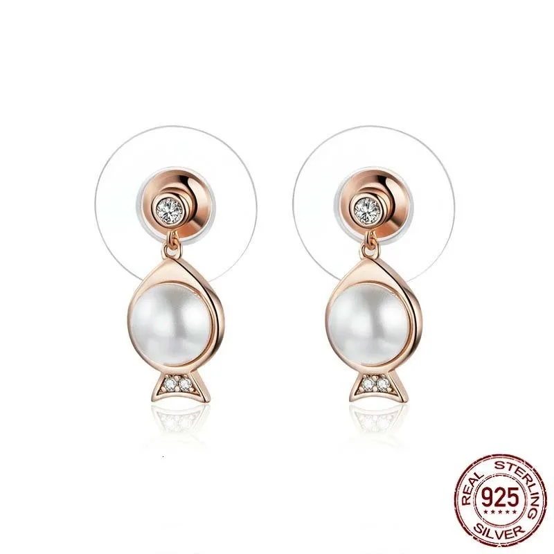 

Sterling Silver 925 Round Pearl Fish Dangle Earrings for Women Rose Gold Color Hypoallergenic Stud Jewelry SCE798