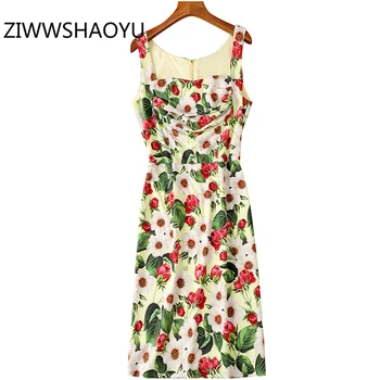 

ZIWWSHAOYU Female Summer Slash Neck Slim Spaghetti Strap Dress Runway Designer Draped Women Floral Print Vintage Midi Dresses