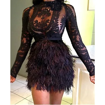 

Two Piece Sets See Through Lace Top With Faux Fur Skirt Set Embroidery Black Sexy Party Club Outfits