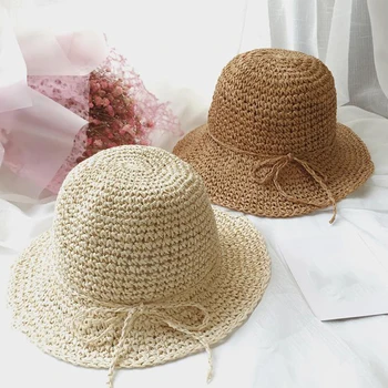

Girls Straw Hat Summer Beach Baby SunHat Round Top Raffia Wide Brim Straw Hats Children Bow Design Women Parent-Child Beach Caps