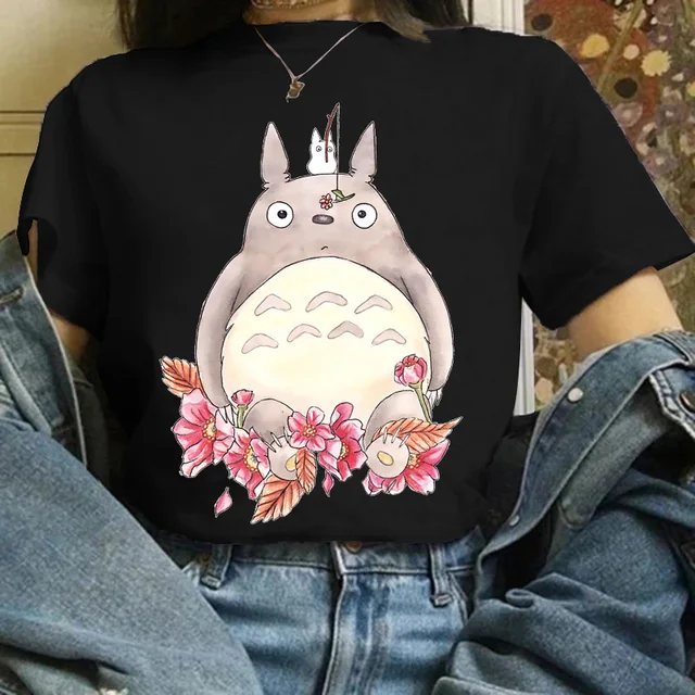 Totoro Studio Ghibli Harajuku Kawaii T Shirt Women Ullzang Miyazaki Hayao Tshirt Funny Cartoon T-shirt Cute Anime Top Tee Female black-865