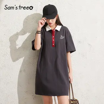 

SAM'S TREE Gray Planet Embroidery Chic Button Casual Women Preppy Dresses 2020 Summer Vintage Short Sleeve Ladies Daily Dress