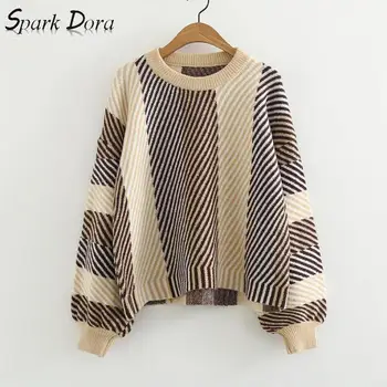 

Women Clothes 2019 Winter Knitted Oblique Stripe Lantern Sleeve O-neck Women Sweater Streetwear Thick Warm Plus Size Pullover