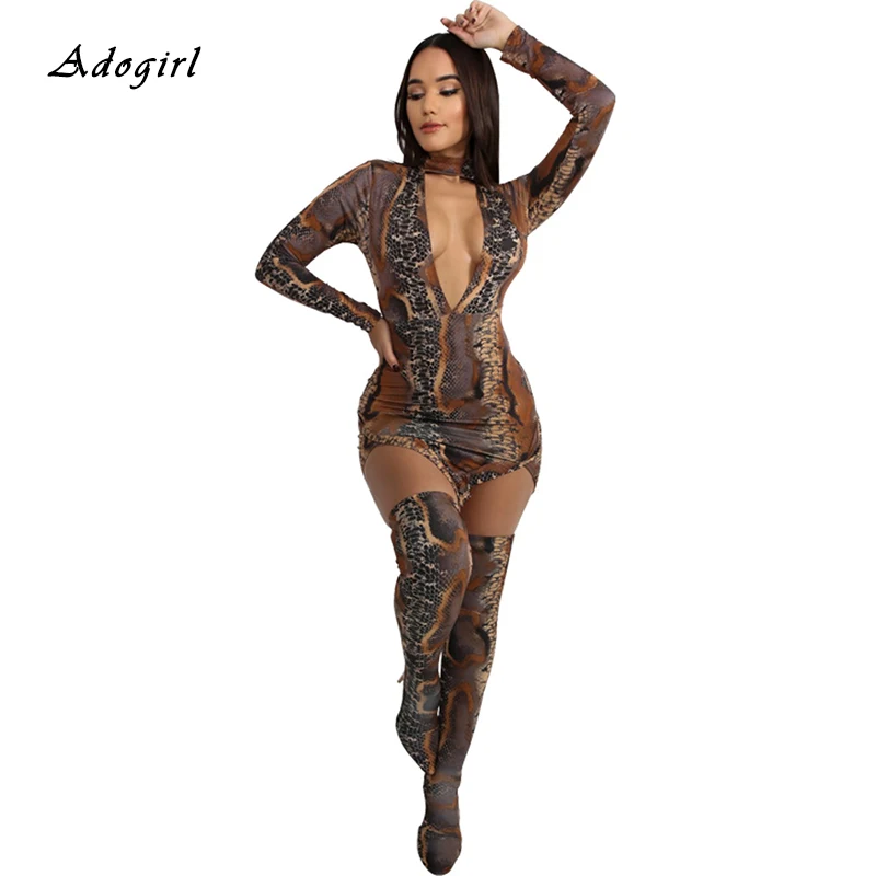 

Snakeskin Print Irregular Mini Dress With Stocking Two Piece Set Sexy Deep V Neck Long Sleeve Bodycon Dress Night Club Vestidos