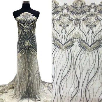 

Latest Yellow Mix Gray Color Heavy Handmade Elegant Embroidery Tassels Sequins Beaded African Lace Fabric 2020 For Evening Dress