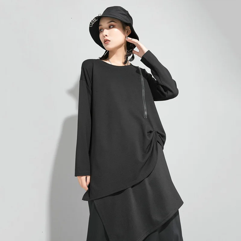 TVVOVVIN, женская черная плиссированная Асимметричная свободная футболка с разрезом, новинка, круглый вырез, длинный рукав, модный стиль, весна-осень 2019X553