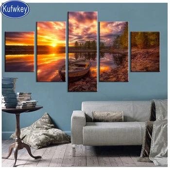 

christmas wall sticker diamond painting Sunset scenery lake boat 5 Pieces full drill mosaic diamond embroidery landscape fantasy
