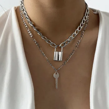 

Europe and America Ornament Creative Fashion Geometry Lettered Double Layer Necklace Retro Key Lock-Shaped Pendant Necklace Wome