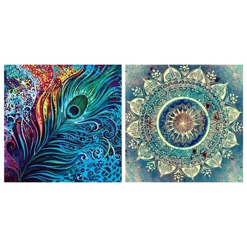 

2 Set DIY 5D Diamond Painting Kit By Numbers Full Drill Embroidery Cross, Flower & Peacock Feathers