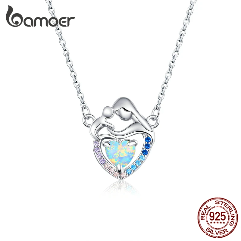 

bamoer Authentic 925 Sterling Silver Mom and Baby Heart Shape Necklace for Women Mother Gift Original Design Jewelry BSN172