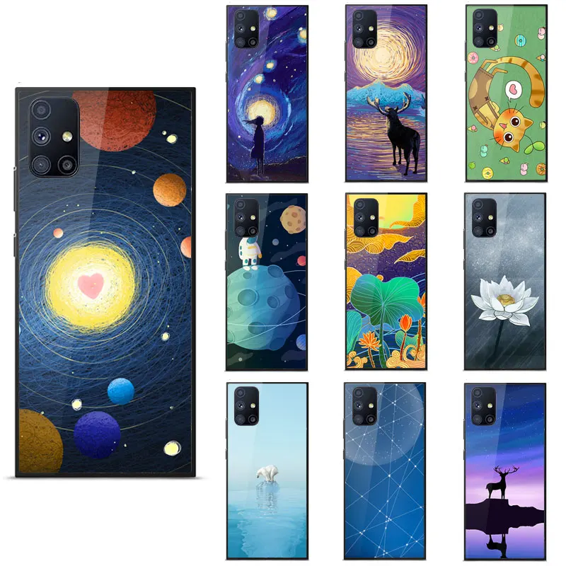 

For Samsung M31S A02S A12 S20 FE A42 S20 Lite M51 A90 Case Fashion Painted pattern Mirror Tempered glass shockproof Back Cover