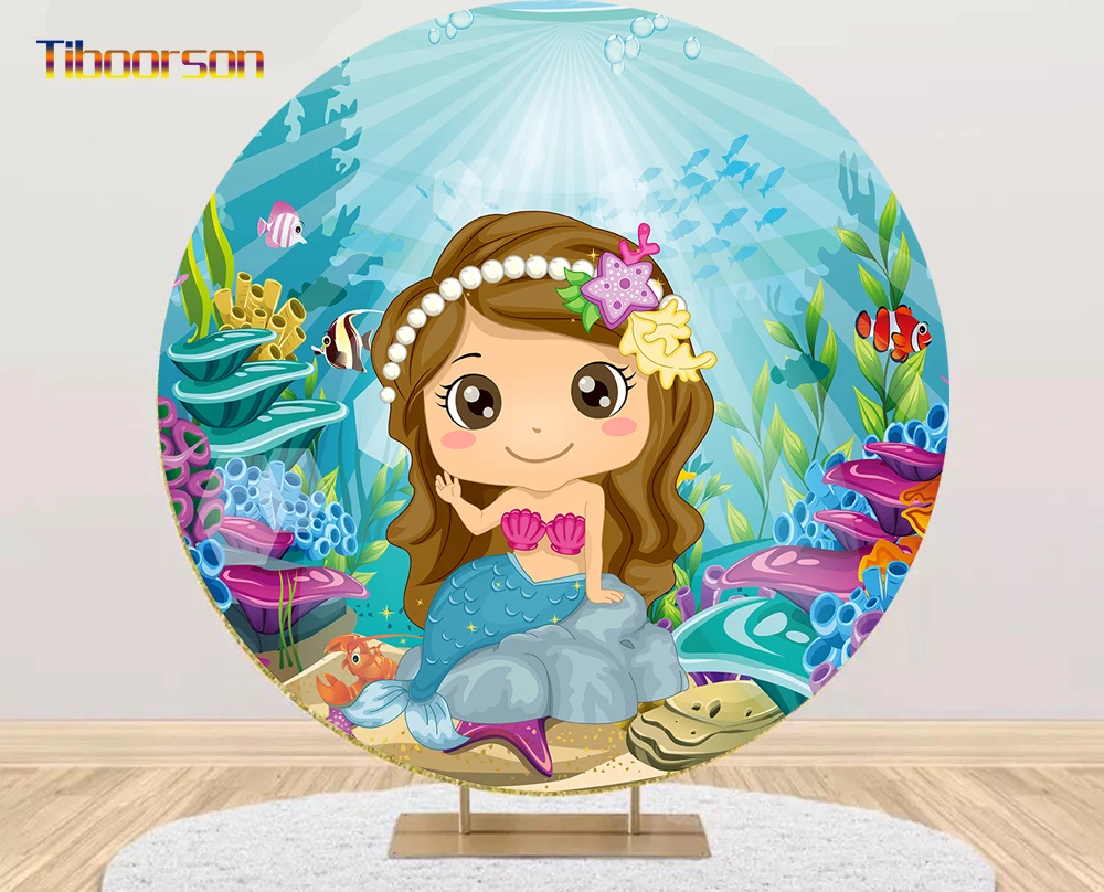 

The Little Mermaid Girl Round Backdrop Circle Background Baby Shower Photo Birthday Party Banner Table Cover Plinth