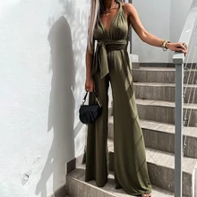 Aliexpress - 2021 Summer Elegant Solid V Neck Jumpsuit Women Sexy Sleeveless Backless Romper Ladies Fashion Bandage Belt Wide Leg Playsuits